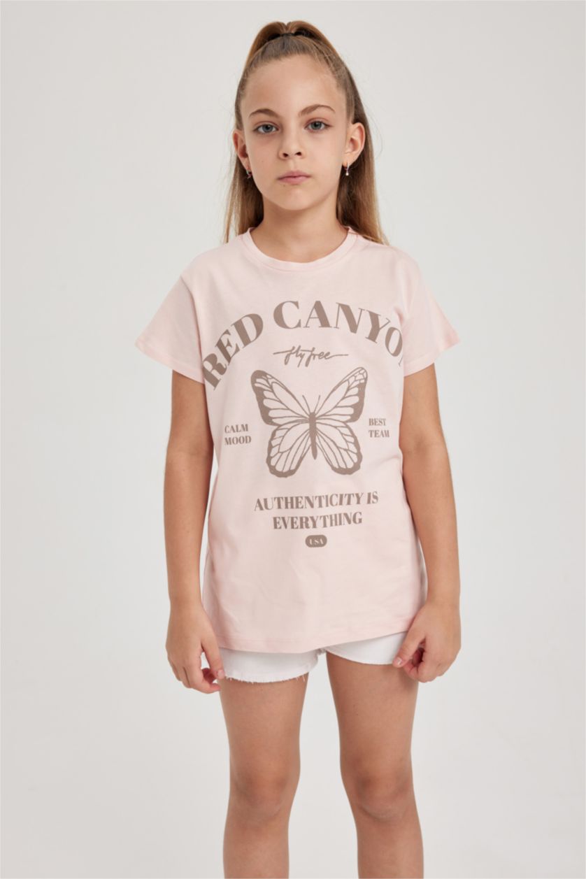 Kız Çocuk - Genç Kız Pembe Bisiklet Yaka Baskılı Kısa Kollu Tişört Kız Çocuk