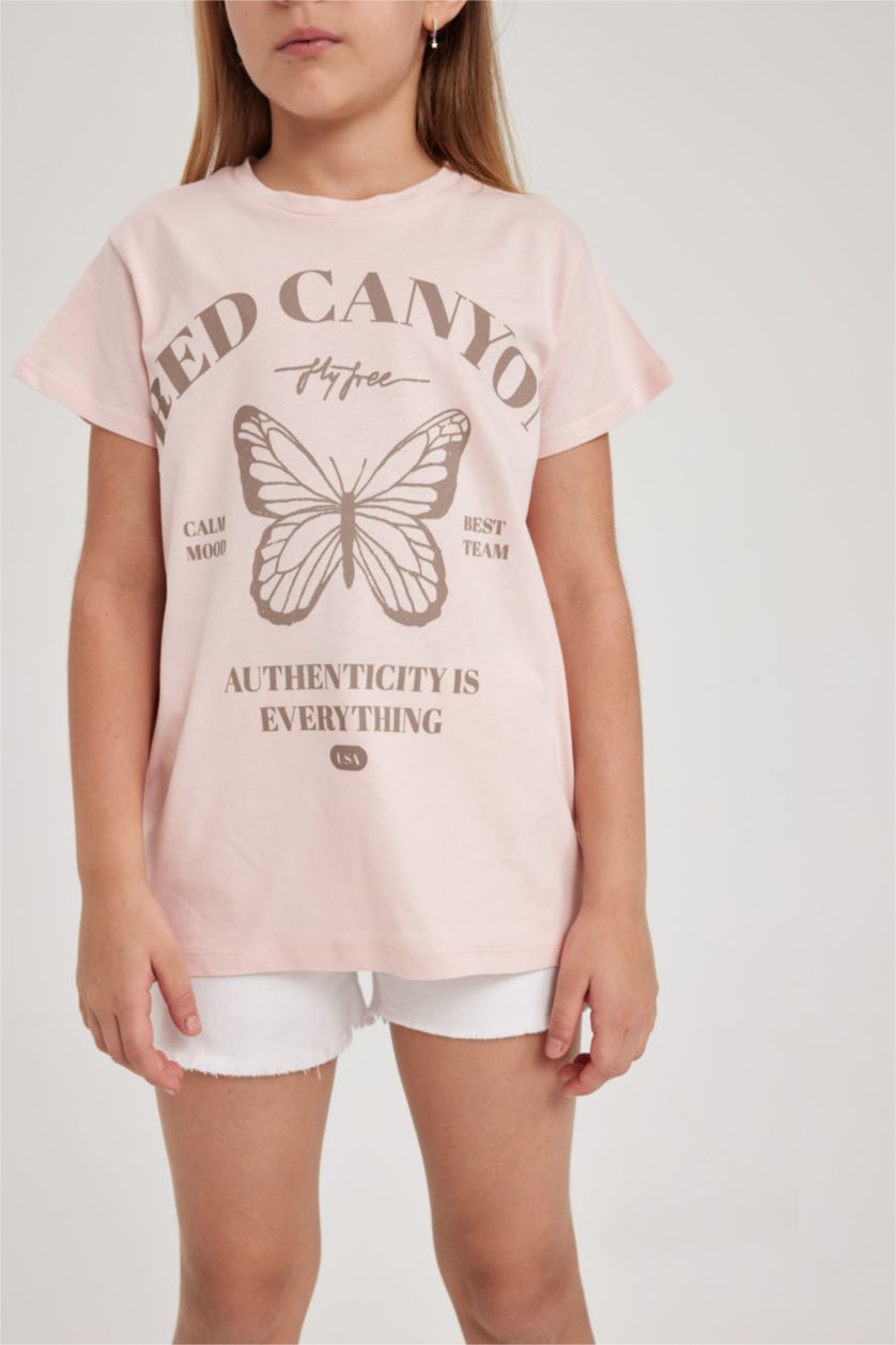 Kız Çocuk - Genç Kız Pembe Bisiklet Yaka Baskılı Kısa Kollu Tişört Kız Çocuk