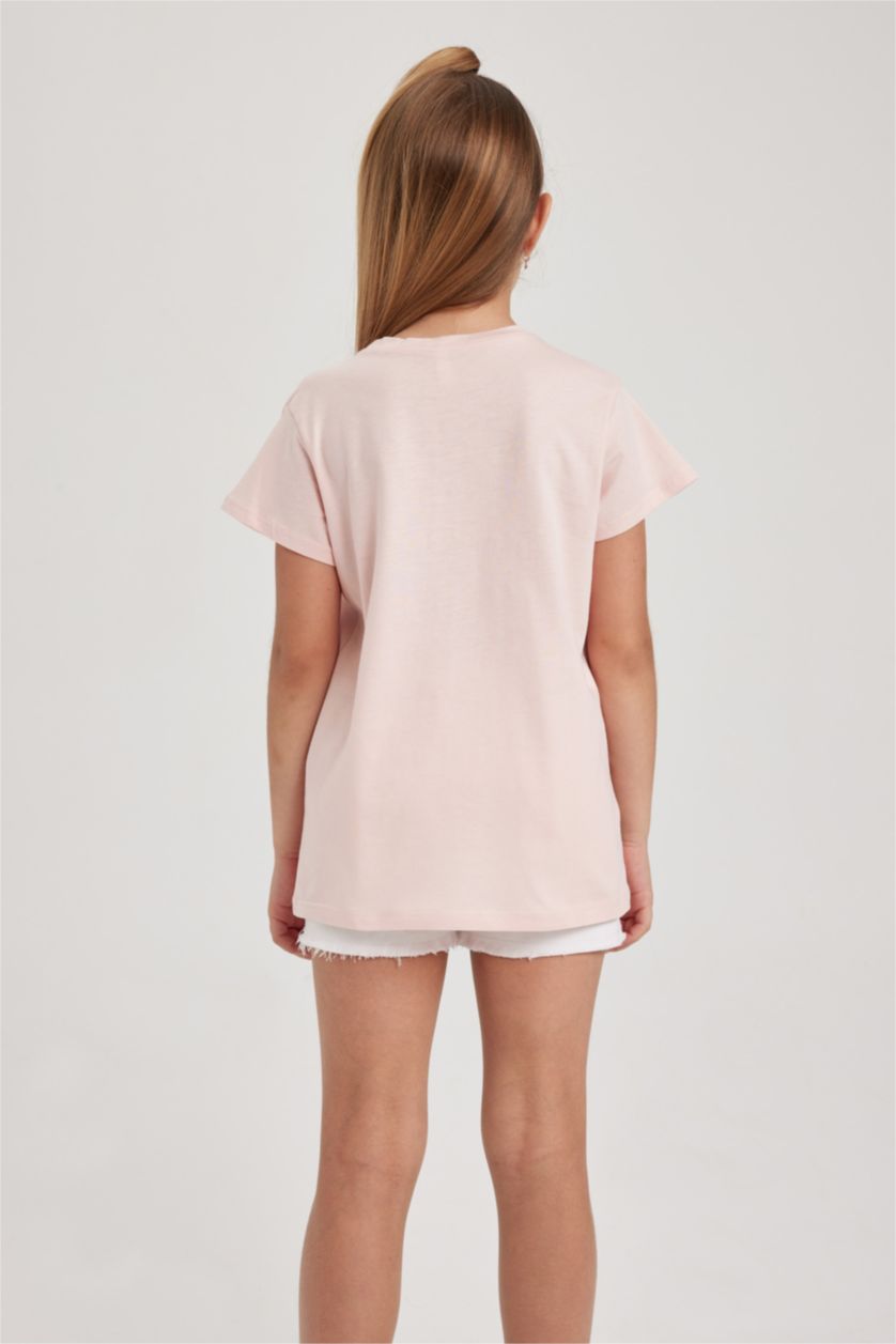 Kız Çocuk - Genç Kız Pembe Bisiklet Yaka Baskılı Kısa Kollu Tişört Kız Çocuk