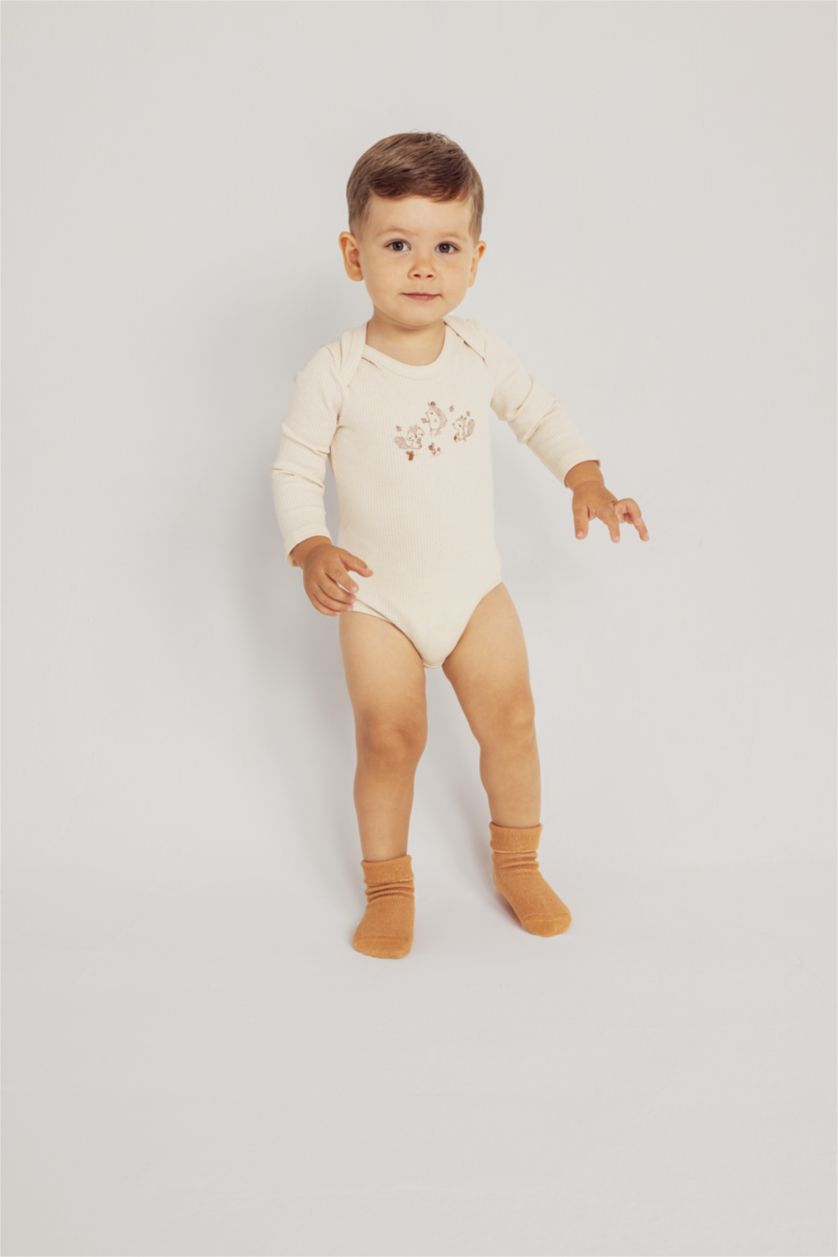 Erkek Bebek Bej Melanj Erkek Bebek Yenidoğan Fitilli Kaşkorse Uzun Kollu Çıtçıtlı Body