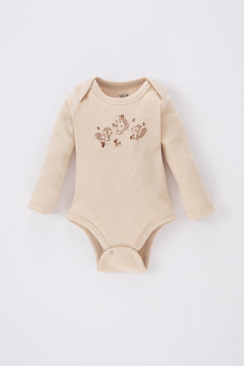 Erkek Bebek Bej Melanj Erkek Bebek Yenidoğan Fitilli Kaşkorse Uzun Kollu Çıtçıtlı Body