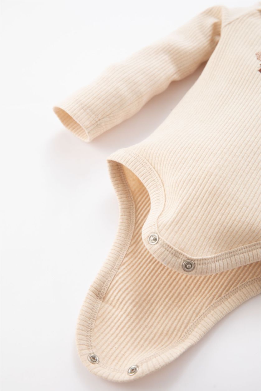 Erkek Bebek Bej Melanj Erkek Bebek Yenidoğan Fitilli Kaşkorse Uzun Kollu Çıtçıtlı Body