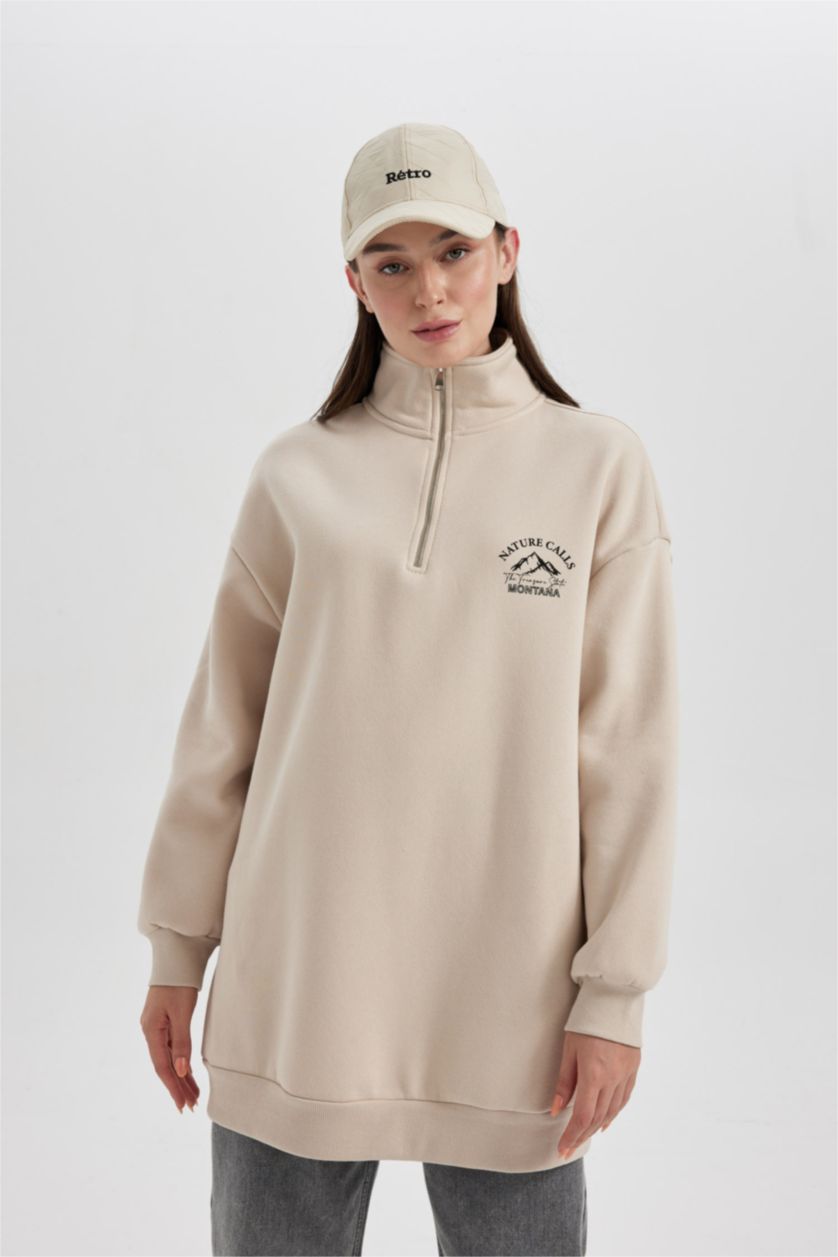 WOMAN Sand Regular Fit Zippered Stand Collar Printed Thick Sweatshirt Tunic