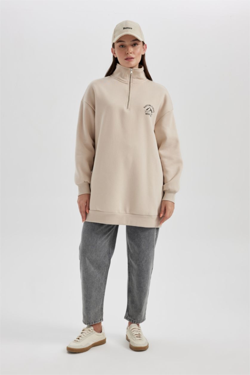 WOMAN Sand Regular Fit Zippered Stand Collar Printed Thick Sweatshirt Tunic