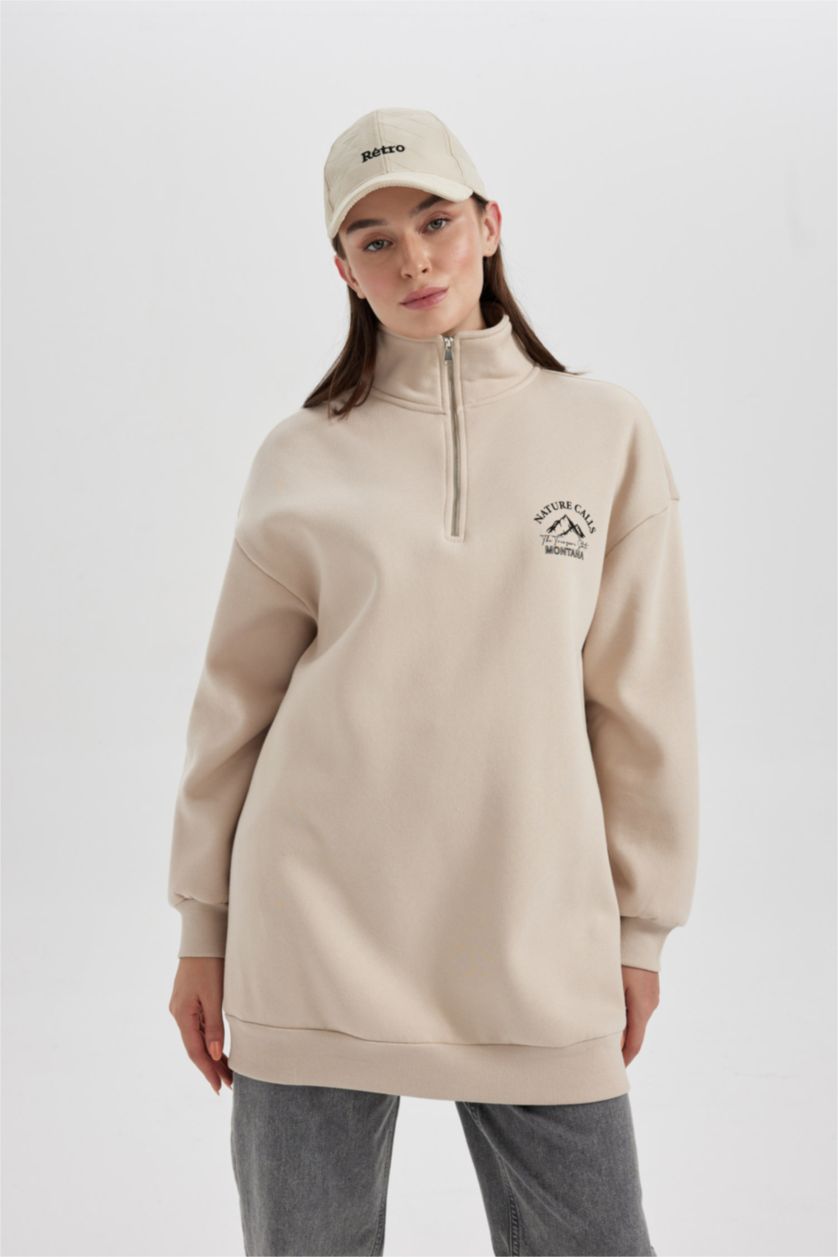 WOMAN Sand Regular Fit Zippered Stand Collar Printed Thick Sweatshirt Tunic