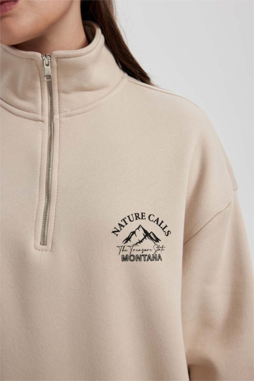 WOMAN Sand Regular Fit Zippered Stand Collar Printed Thick Sweatshirt Tunic