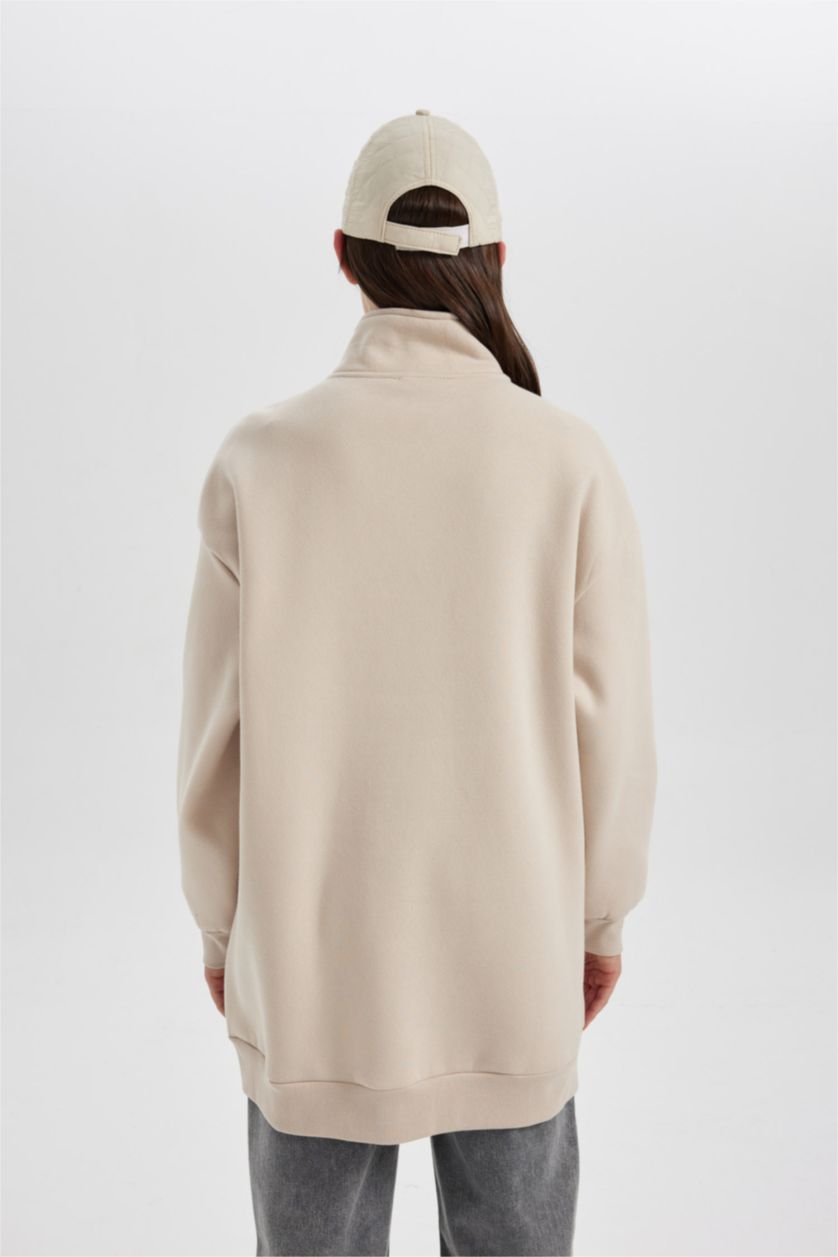 WOMAN Sand Regular Fit Zippered Stand Collar Printed Thick Sweatshirt Tunic