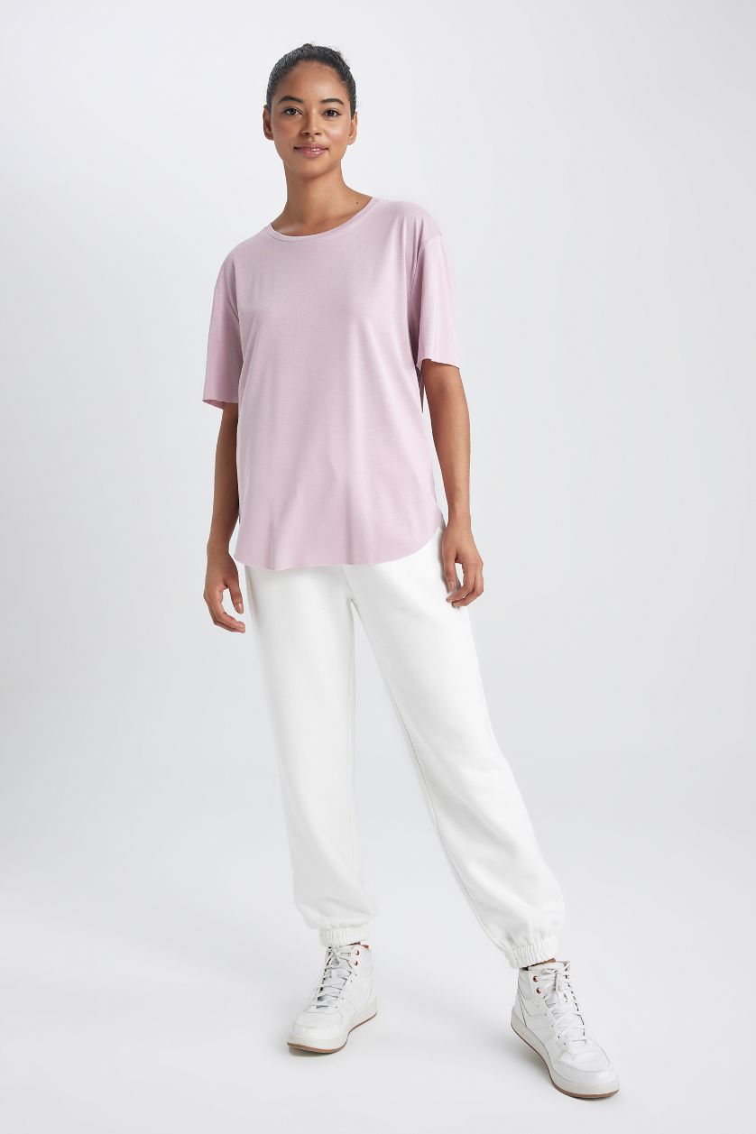 نساء زهري تي شيرت رياضي اوفر سايز قصة عادية