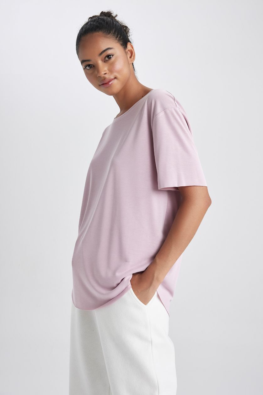 نساء زهري تي شيرت رياضي اوفر سايز قصة عادية