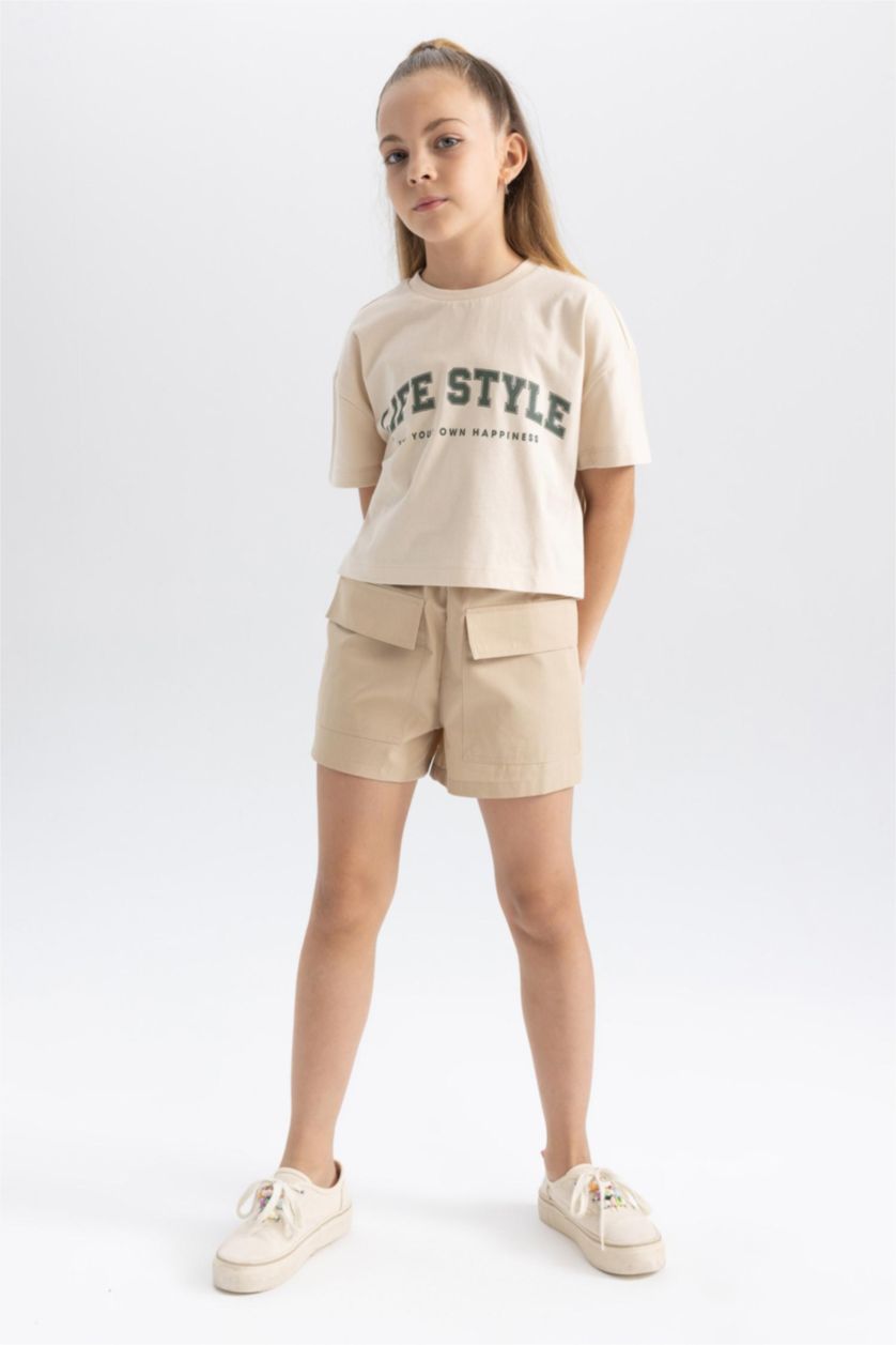 FILLES Beige Clair Short En Coton Coupe Cargo Pour Fille