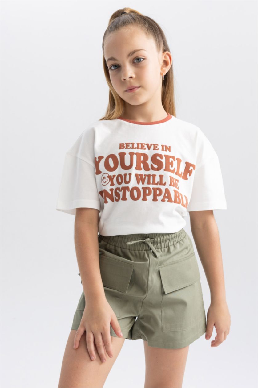 FILLES Kaki Clair Short En Coton Coupe Cargo Pour Fille