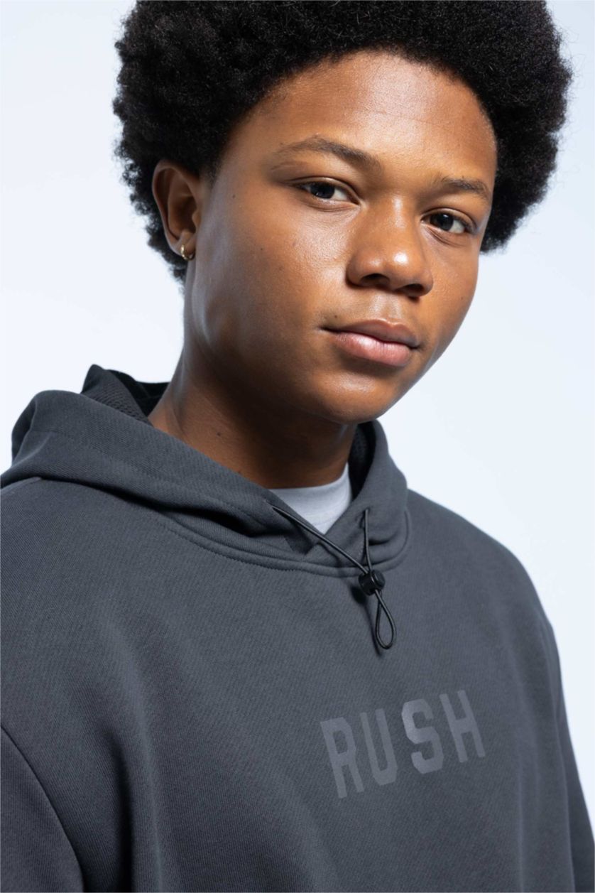 MAN Anthracite DeFactoFit Standard Fit Hooded Printed Thick Sweatshirt