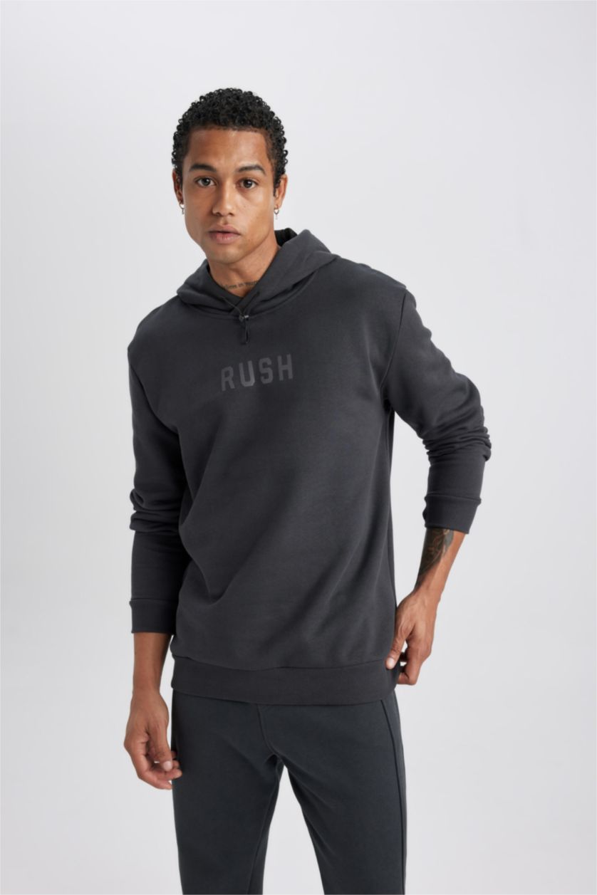 MAN Anthracite DeFactoFit Standard Fit Hooded Printed Thick Sweatshirt