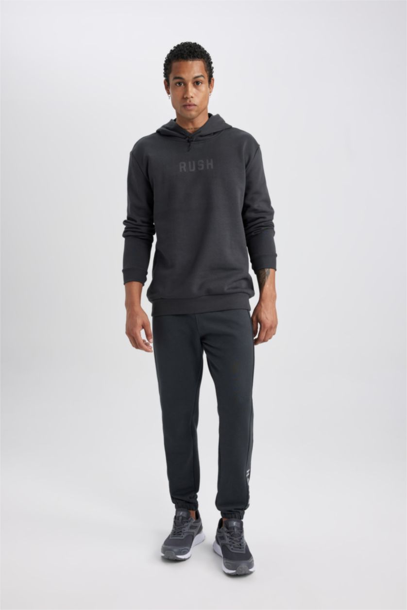 MAN Anthracite DeFactoFit Standard Fit Hooded Printed Thick Sweatshirt