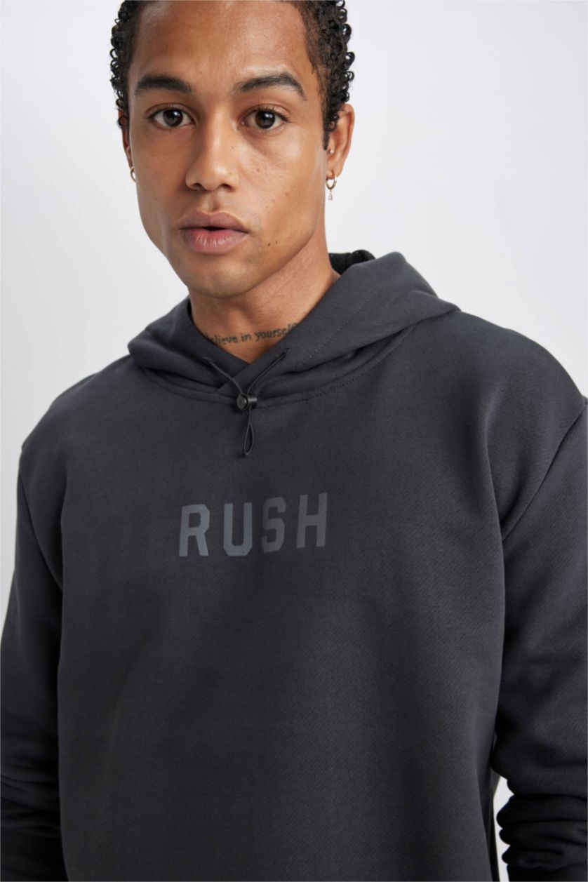 MAN Anthracite DeFactoFit Standard Fit Hooded Printed Thick Sweatshirt