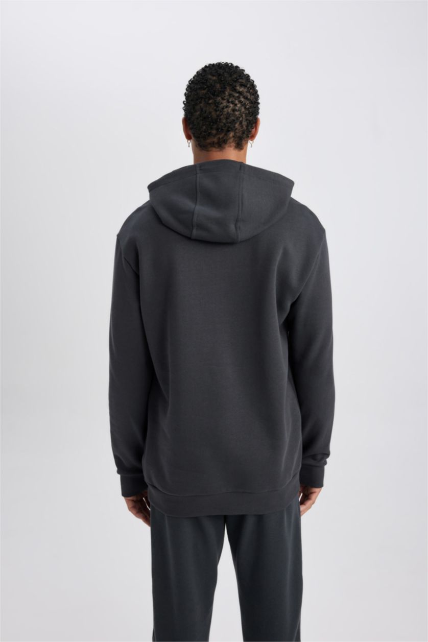MAN Anthracite DeFactoFit Standard Fit Hooded Printed Thick Sweatshirt