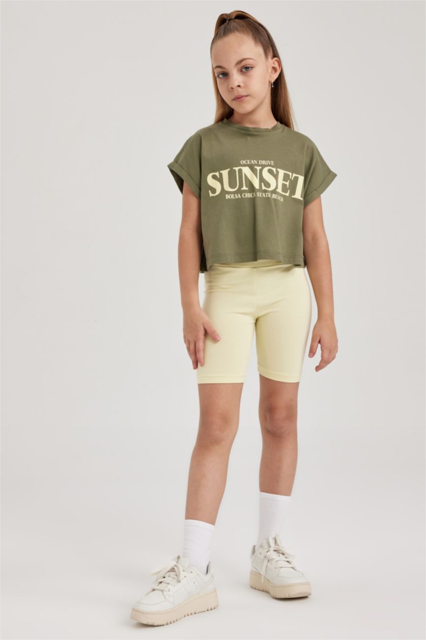 بنات كاكي فاتح طقم بناتي ستريج وتيشيرت - قطعتين