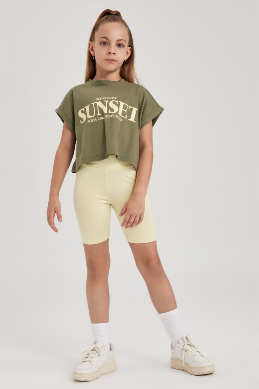 بنات كاكي فاتح طقم بناتي ستريج وتيشيرت - قطعتين