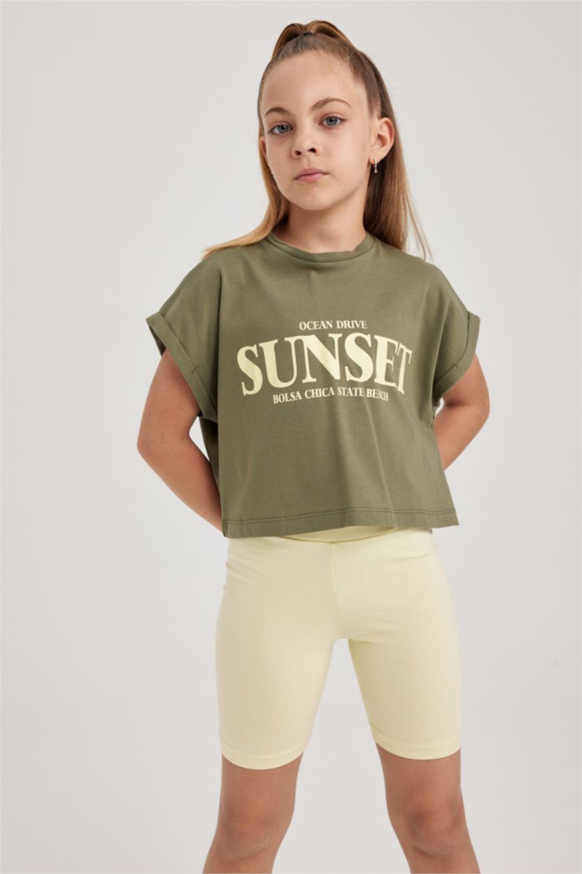 بنات كاكي فاتح طقم بناتي ستريج وتيشيرت - قطعتين