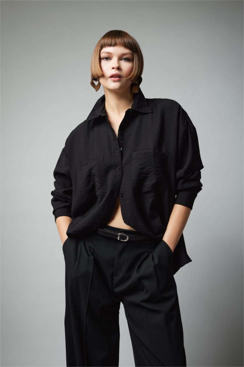 Black WOMAN Oversize Fit Long Sleeve Shirt 2912513 | DeFacto