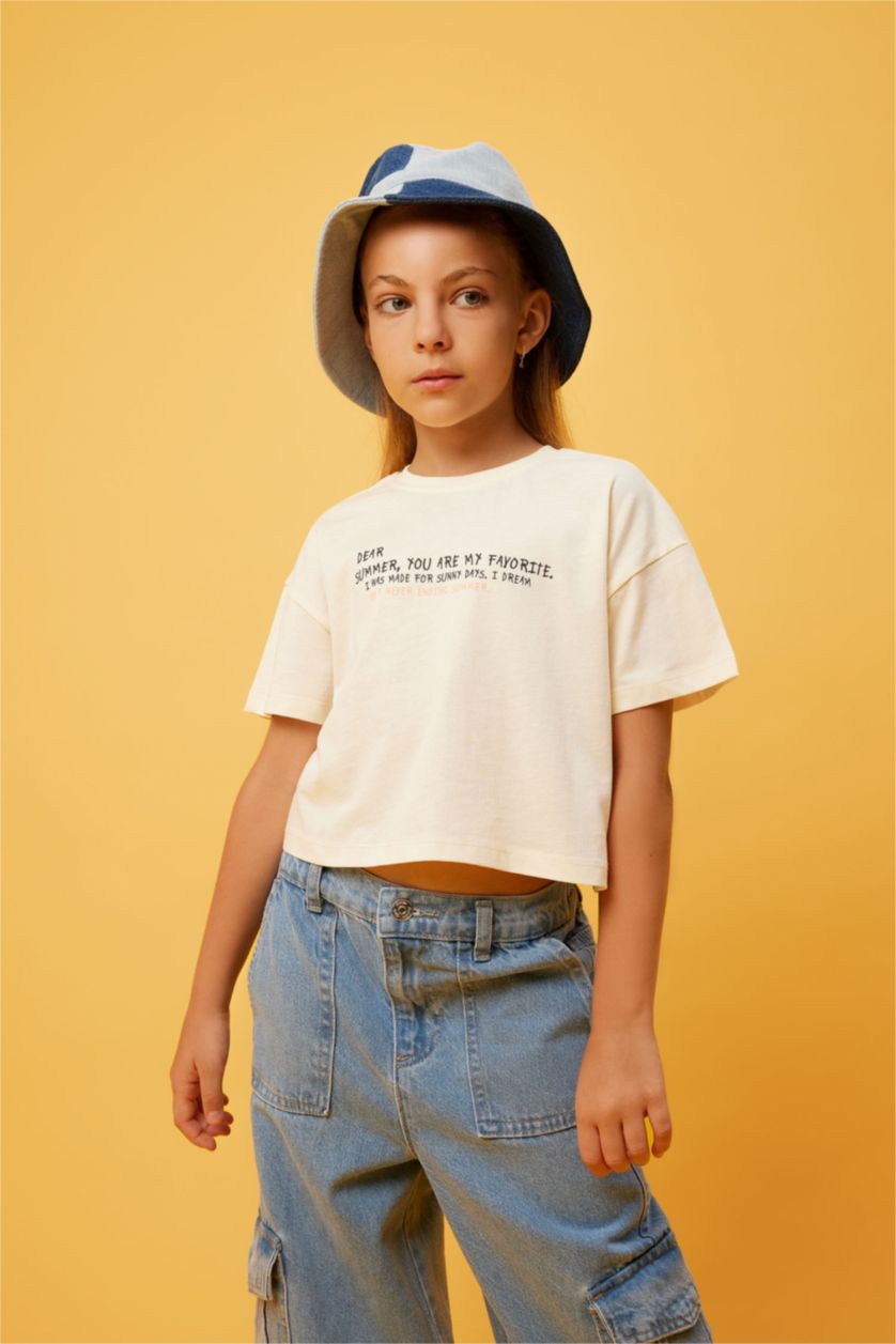 Kız Çocuk - Genç Kız Ekru Kız Çocuk Crop Baskılı Kısa Kollu Tişört