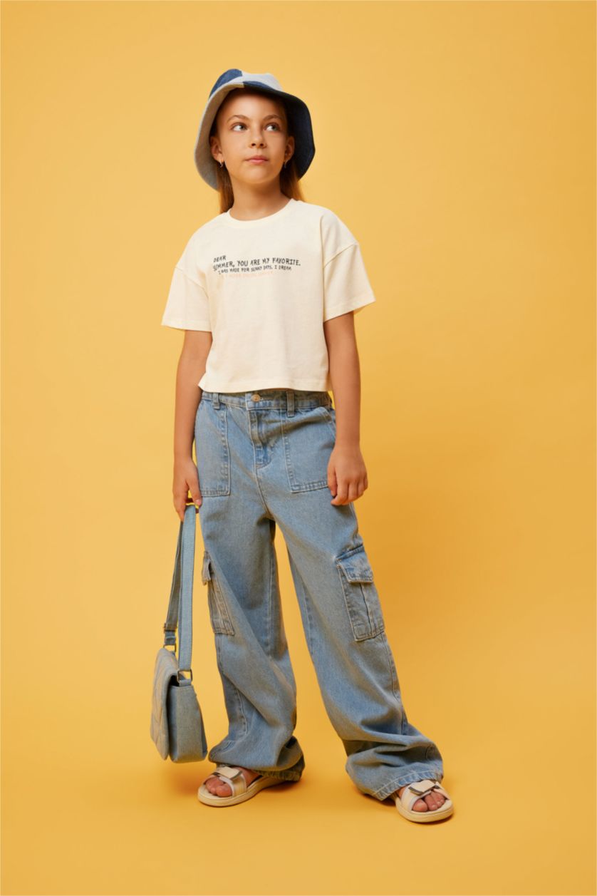 Kız Çocuk - Genç Kız Ekru Kız Çocuk Crop Baskılı Kısa Kollu Tişört