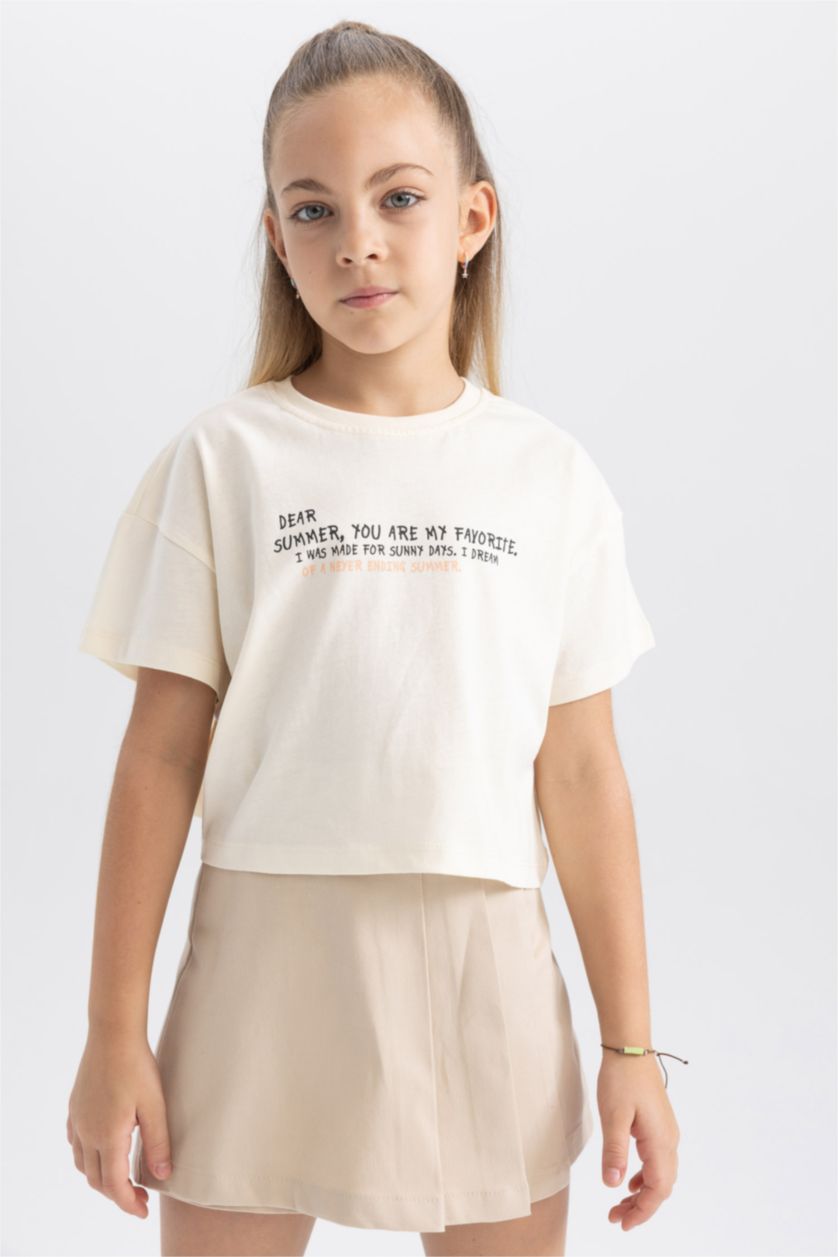 Kız Çocuk - Genç Kız Ekru Kız Çocuk Crop Baskılı Kısa Kollu Tişört