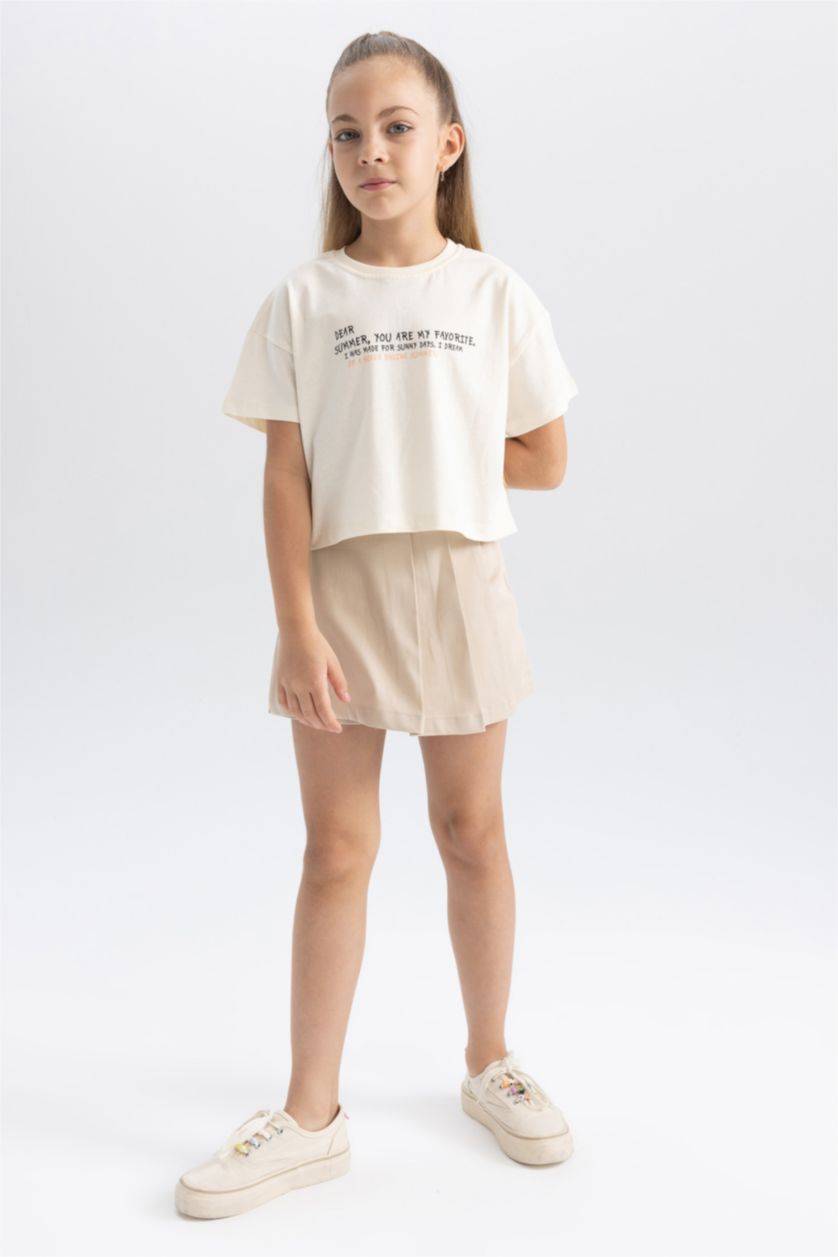 Kız Çocuk - Genç Kız Ekru Kız Çocuk Crop Baskılı Kısa Kollu Tişört