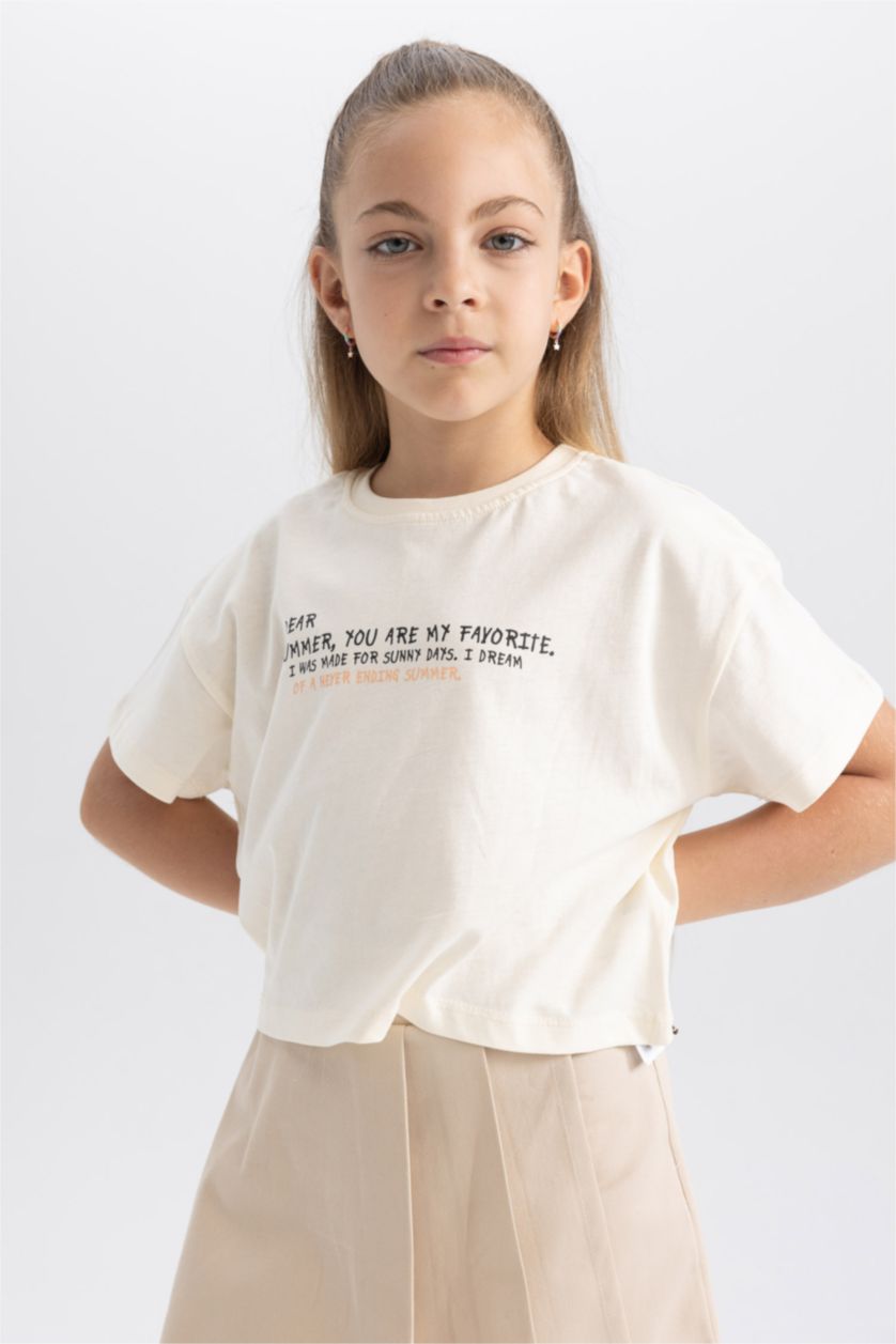 Kız Çocuk - Genç Kız Ekru Kız Çocuk Crop Baskılı Kısa Kollu Tişört