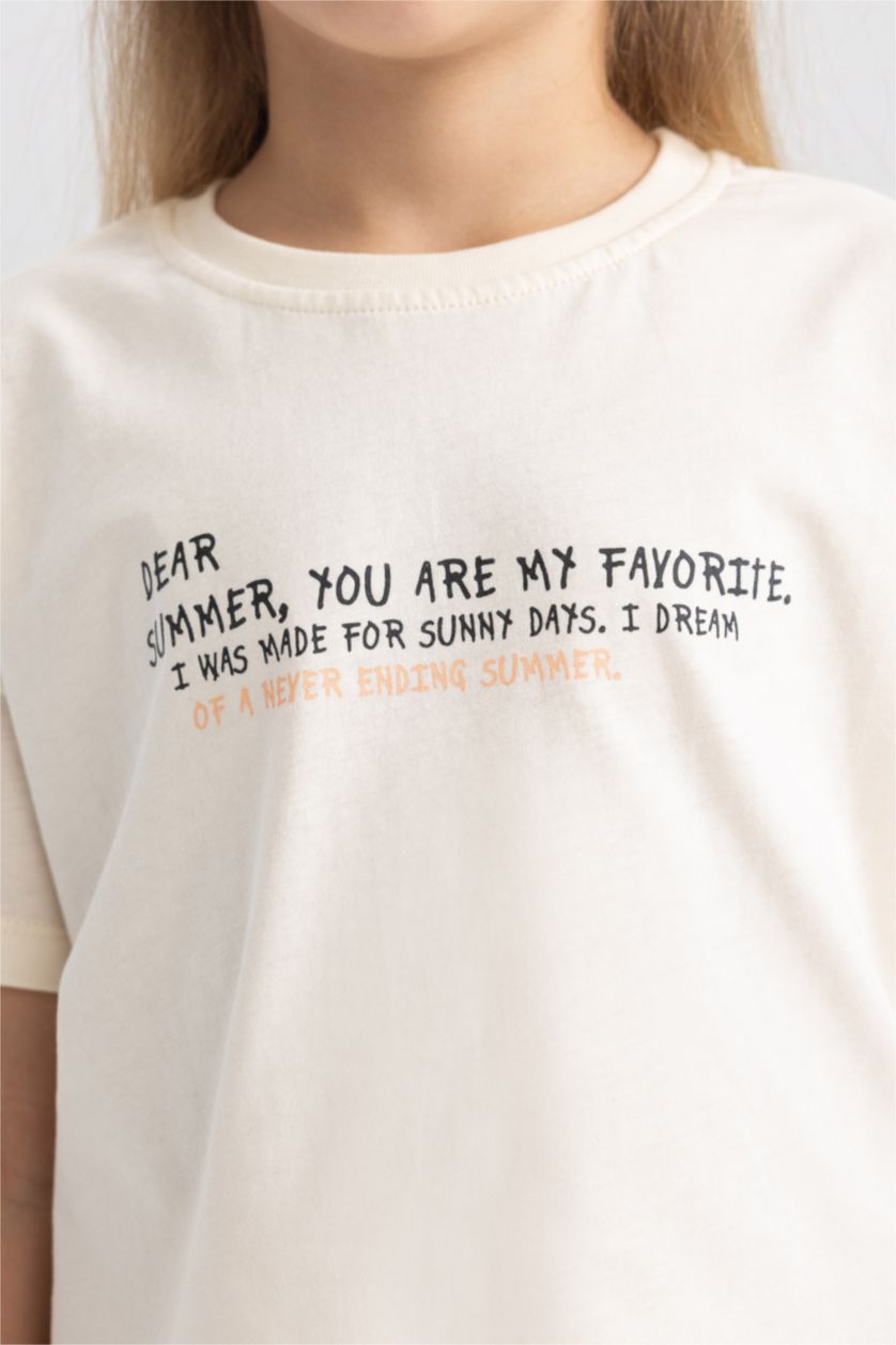 Kız Çocuk - Genç Kız Ekru Kız Çocuk Crop Baskılı Kısa Kollu Tişört