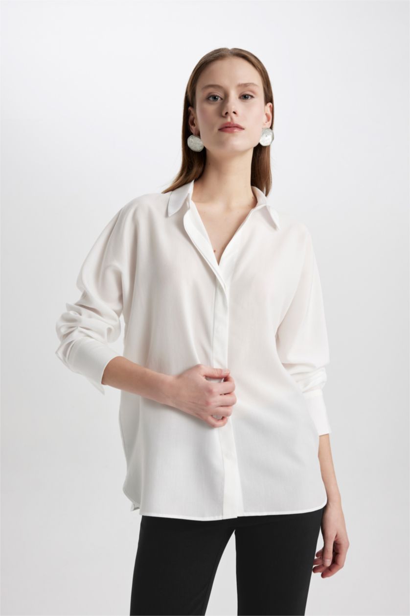 WOMAN White Loose Fit Sensual Long Sleeve Shirt