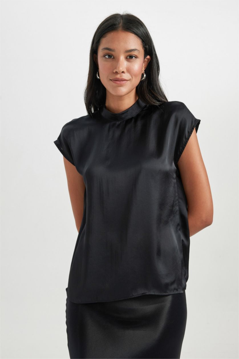 FEMME Noir Chemisier Coupe Régulière Demi-Col De Tortue Satinette Sans Manches