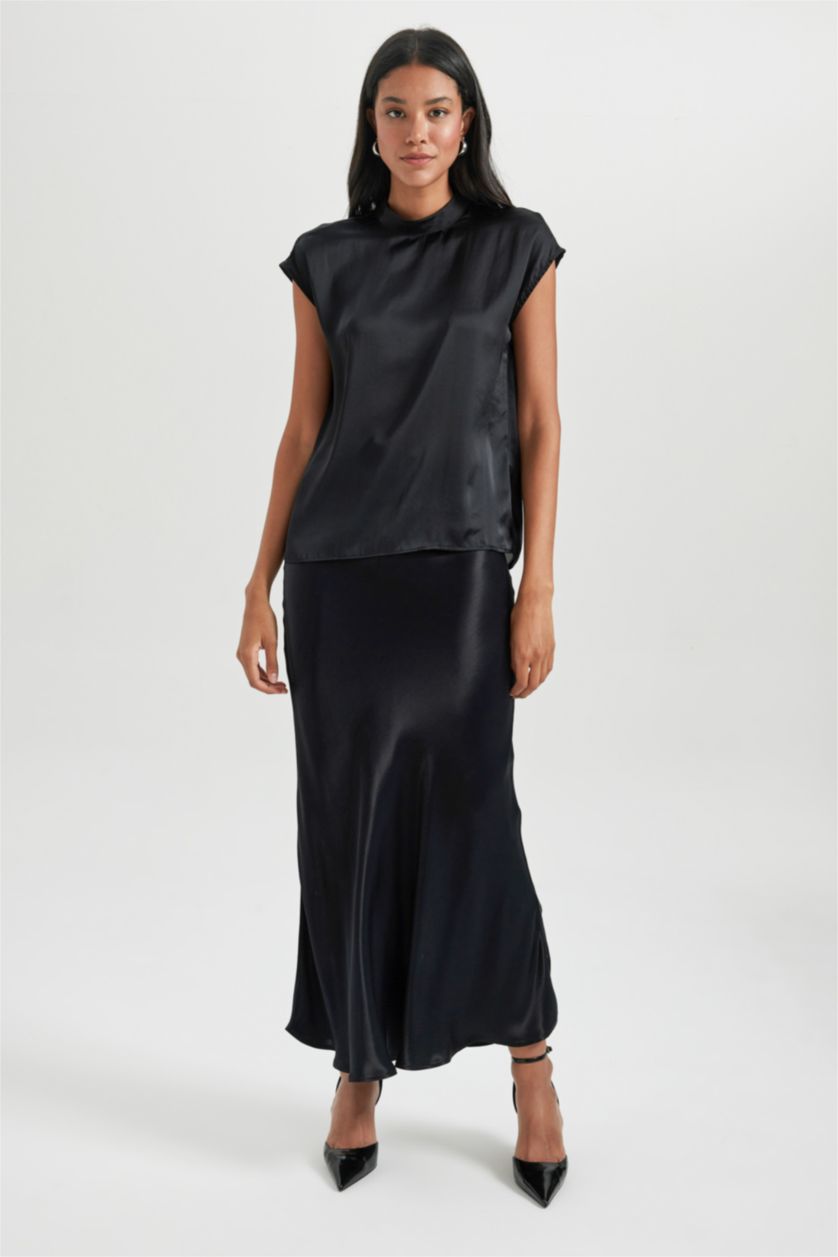 FEMME Noir Chemisier Coupe Régulière Demi-Col De Tortue Satinette Sans Manches