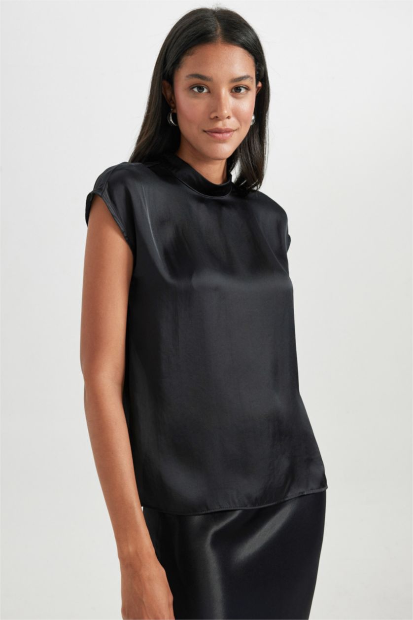 FEMME Noir Chemisier Coupe Régulière Demi-Col De Tortue Satinette Sans Manches