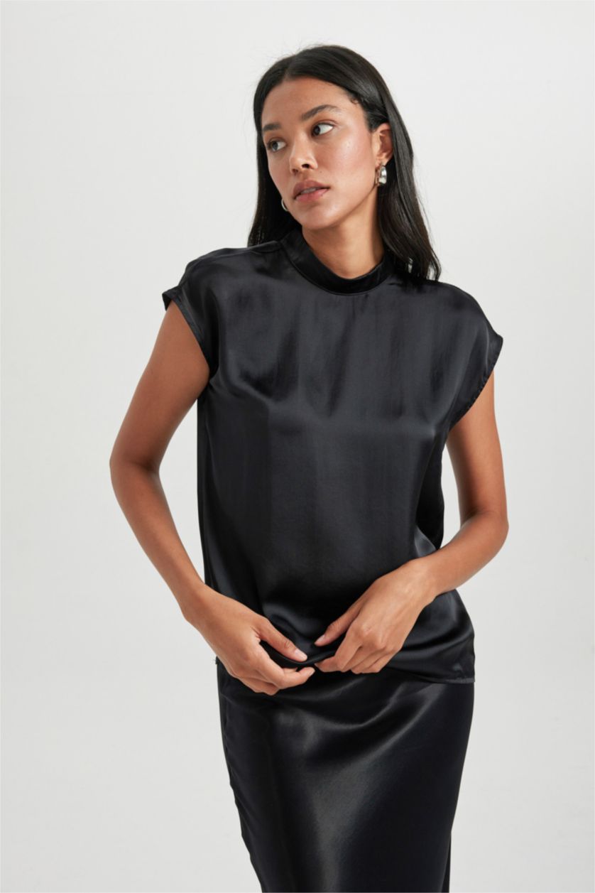 FEMME Noir Chemisier Coupe Régulière Demi-Col De Tortue Satinette Sans Manches