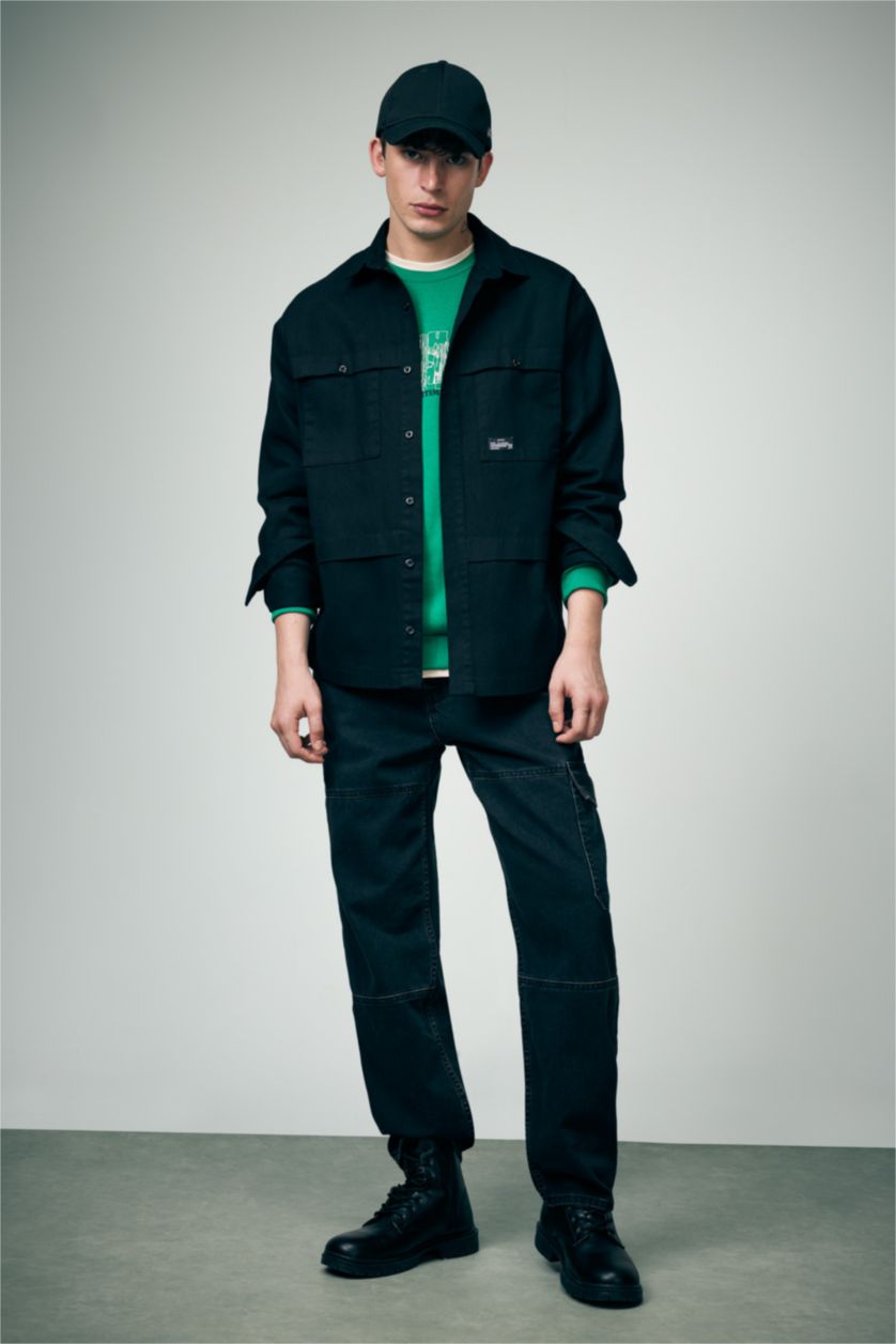 HOMME Noir Veste Chemise Coton Coupe Relaxant à Manches Longues