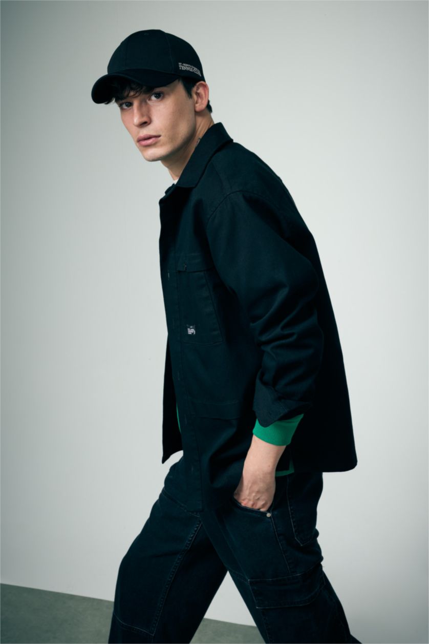 HOMME Noir Veste Chemise Coton Coupe Relaxant à Manches Longues