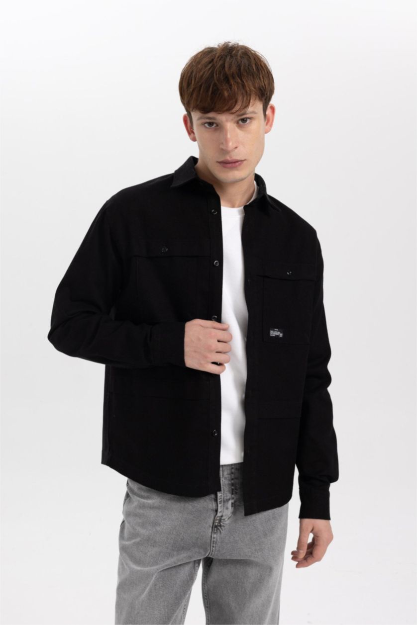 HOMME Noir Veste Chemise Coton Coupe Relaxant à Manches Longues