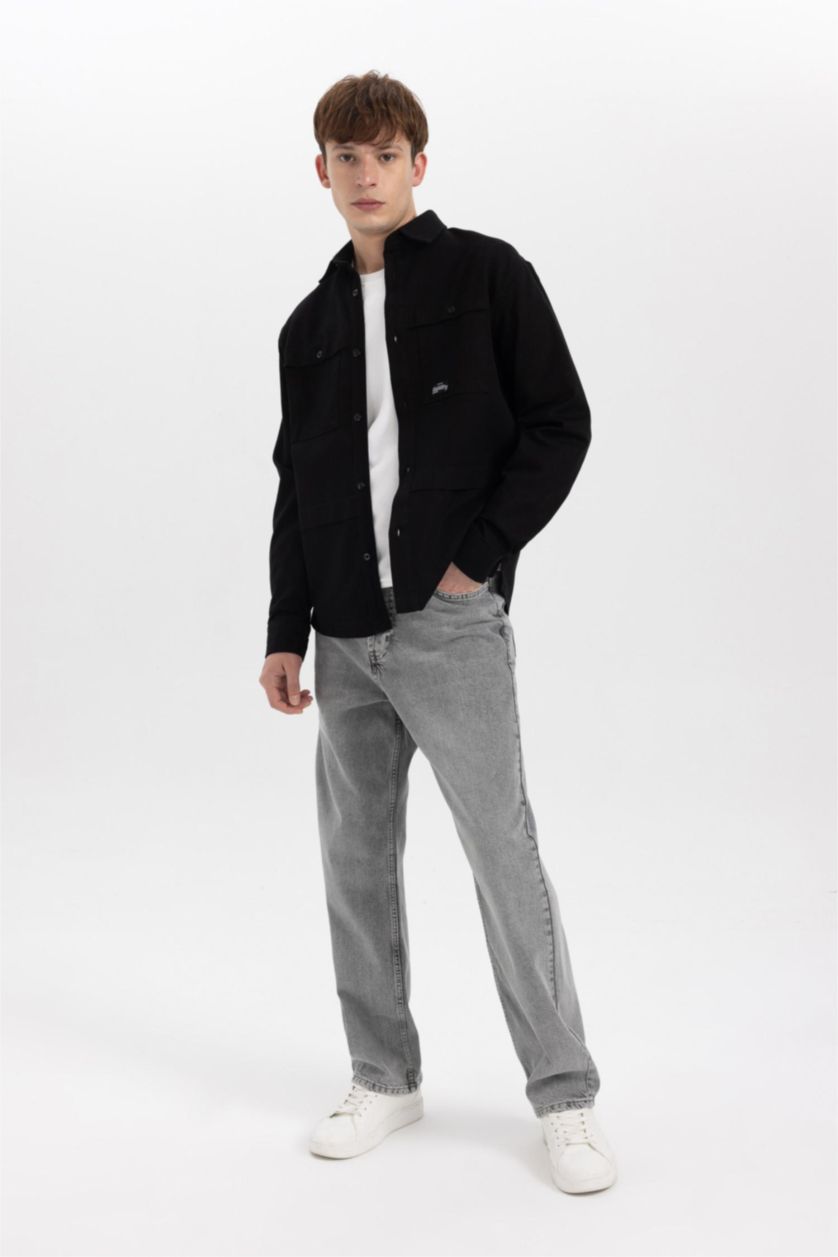 HOMME Noir Veste Chemise Coton Coupe Relaxant à Manches Longues