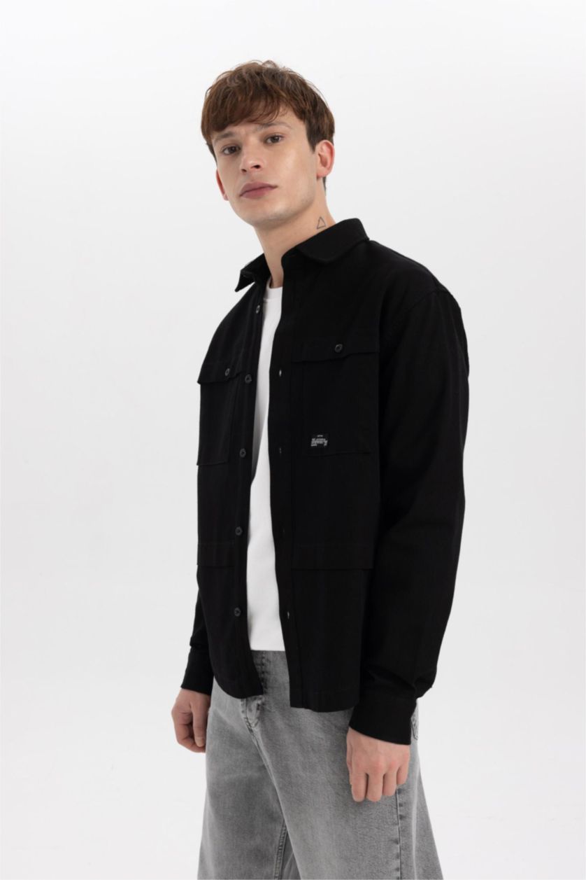 HOMME Noir Veste Chemise Coton Coupe Relaxant à Manches Longues