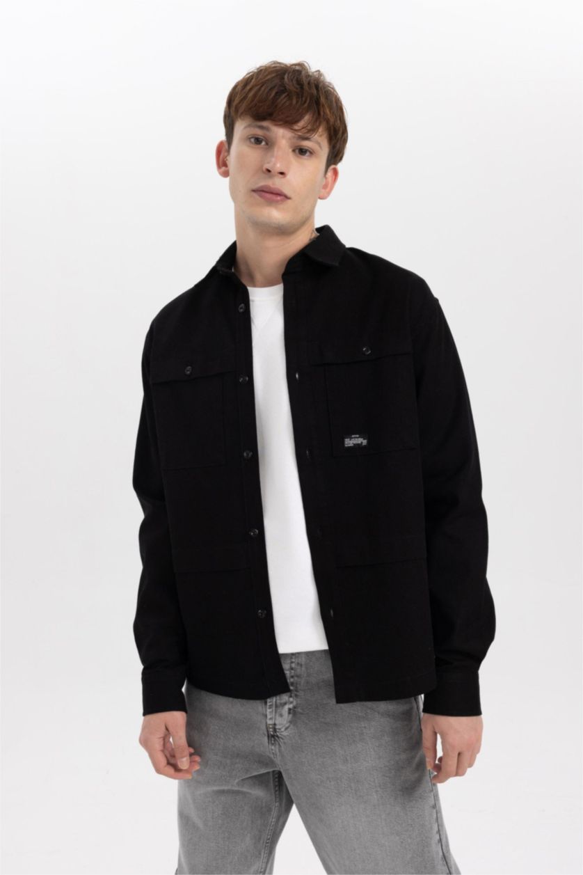 HOMME Noir Veste Chemise Coton Coupe Relaxant à Manches Longues