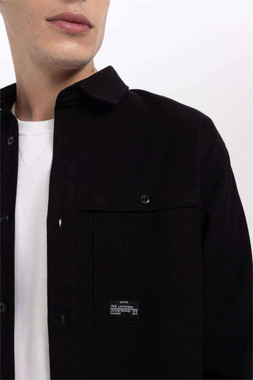 HOMME Noir Veste Chemise Coton Coupe Relaxant à Manches Longues