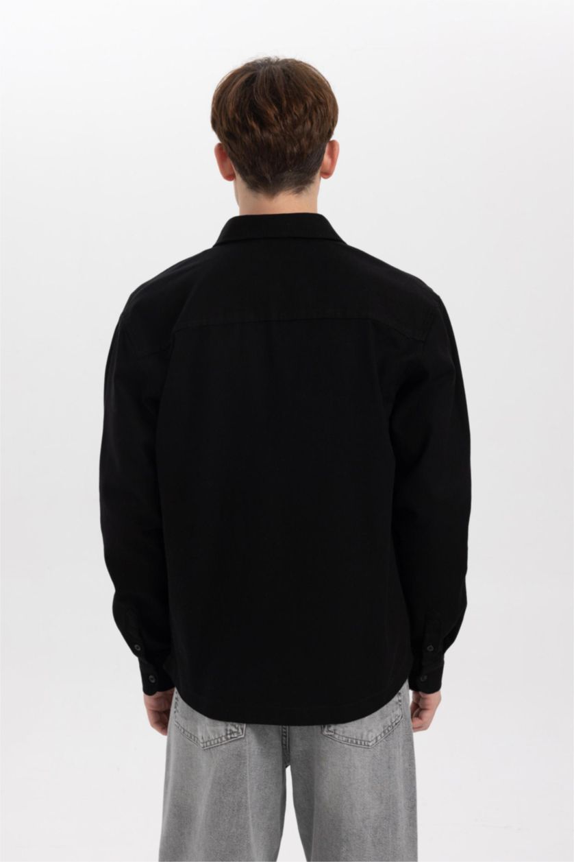 HOMME Noir Veste Chemise Coton Coupe Relaxant à Manches Longues