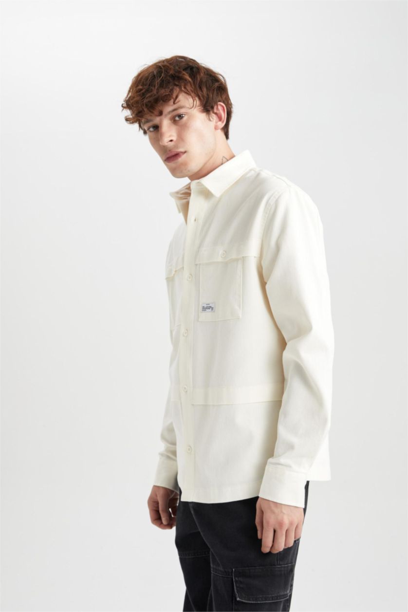 رجالي بيج فاتح جاكيت قميص قطن قصة مريحة بثلاثة جيوب