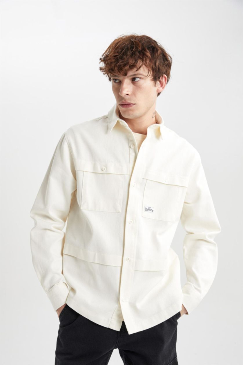 رجالي بيج فاتح جاكيت قميص قطن قصة مريحة بثلاثة جيوب