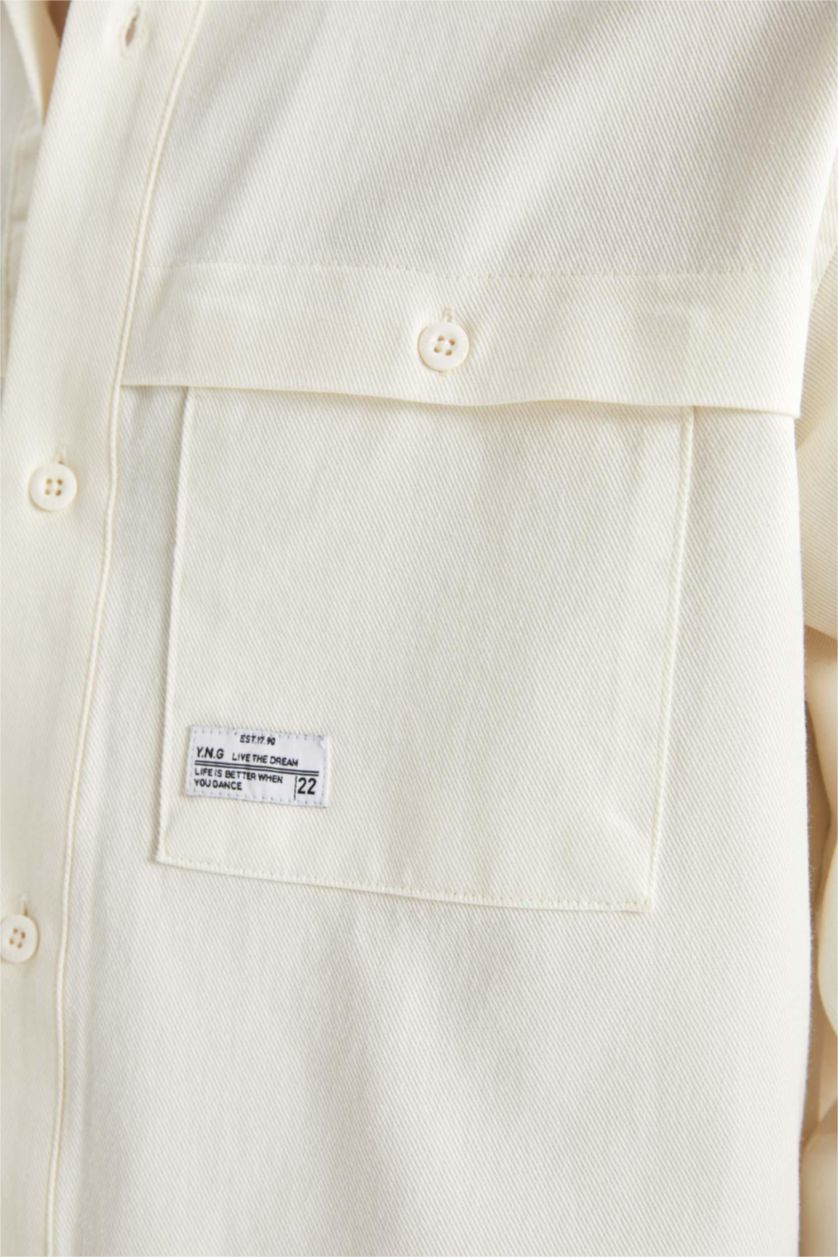 رجالي بيج فاتح جاكيت قميص قطن قصة مريحة بثلاثة جيوب