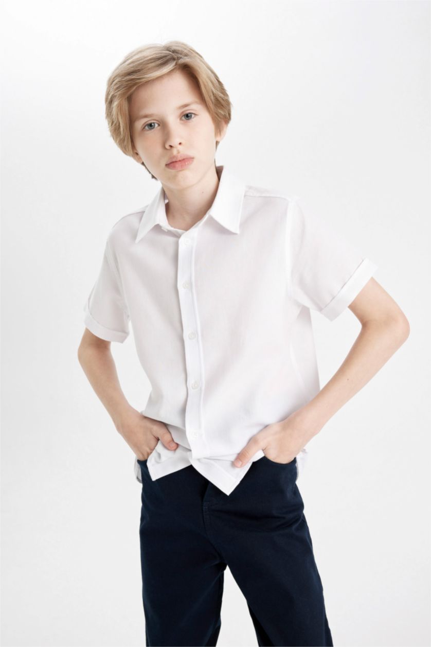أولاد أبيض Boy Textured White Short Sleeve School Shirt