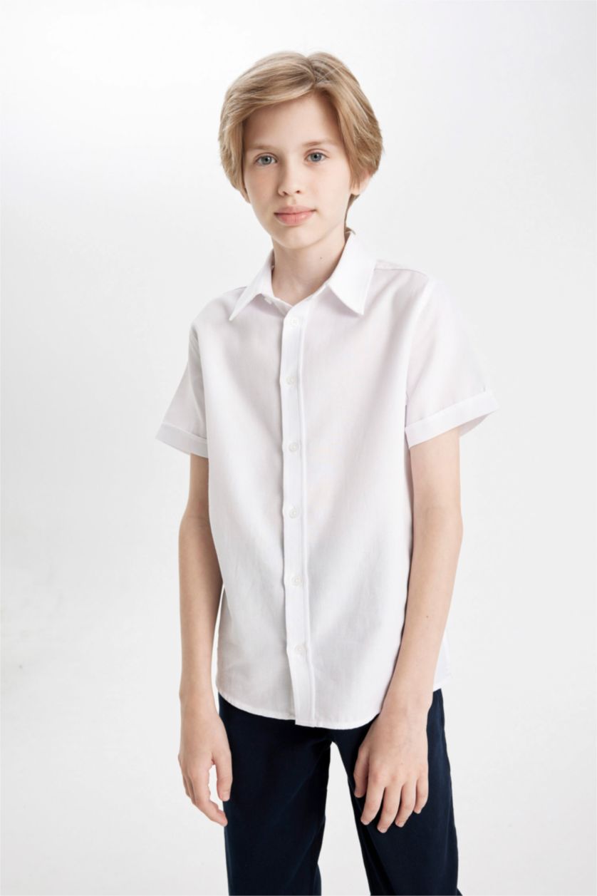 أولاد أبيض Boy Textured White Short Sleeve School Shirt