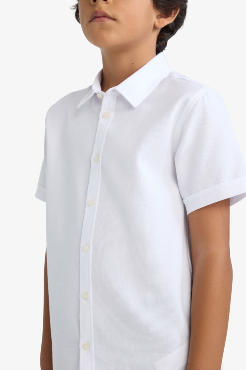 Erkek Çocuk - Genç Erkek Beyaz Polo Yaka Dokulu Kısa Kollu Gömlek Erkek Çocuk