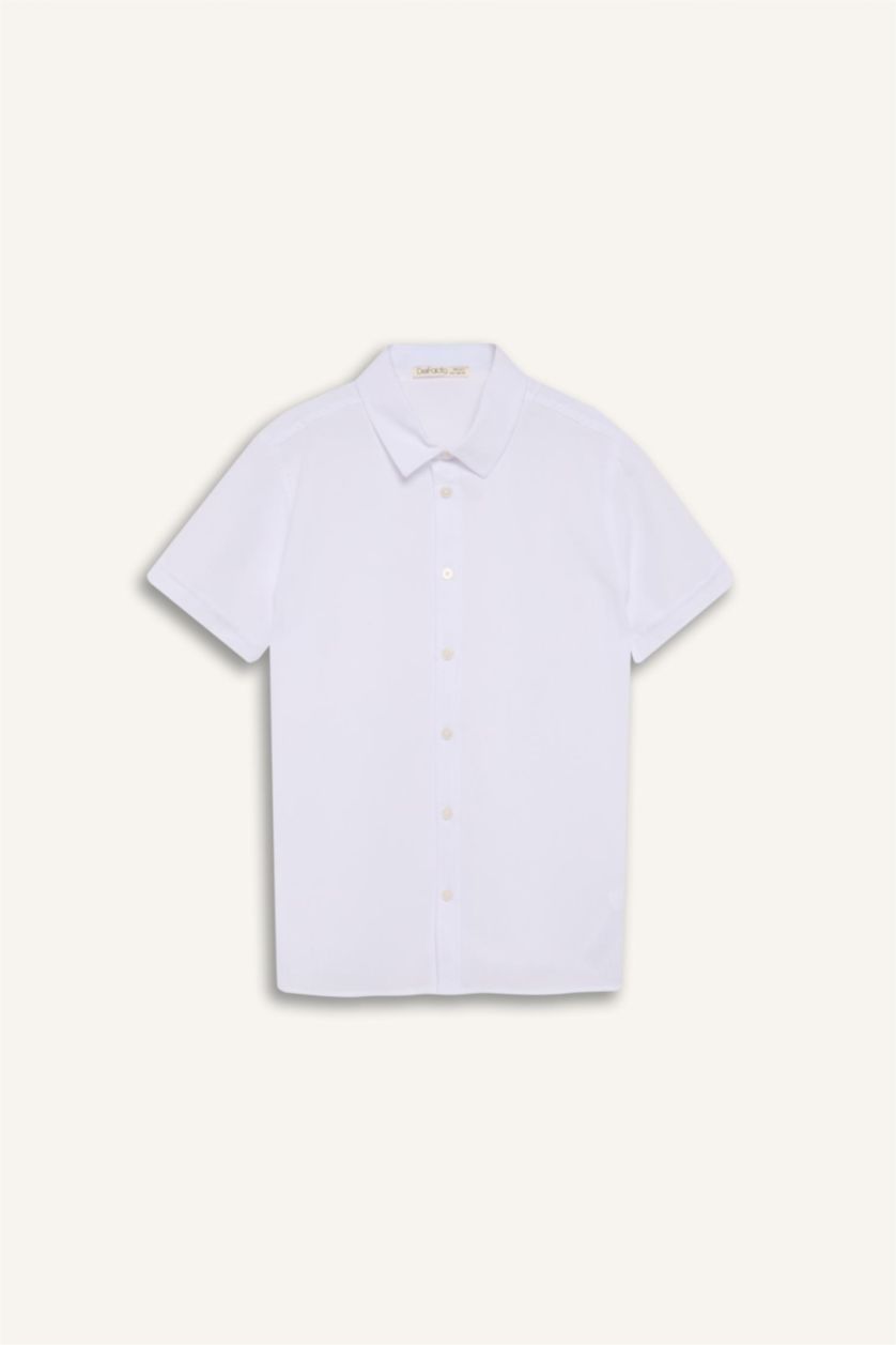 Erkek Çocuk - Genç Erkek Beyaz Polo Yaka Dokulu Kısa Kollu Gömlek Erkek Çocuk